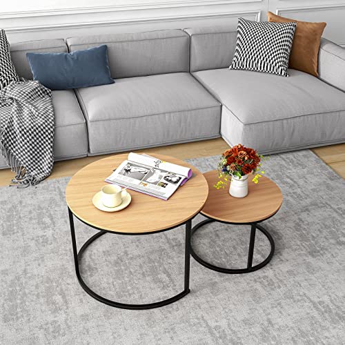 Image of HOJINLINERO Round Coffee Table,Nesting Coffee Table Set of 2,Center Tables for Living Room,Office, Home Small Space,Stacking Side Tables,Sturdy and Easy Assembly,Wood Desktop,Black+Teak OAKDK,Large