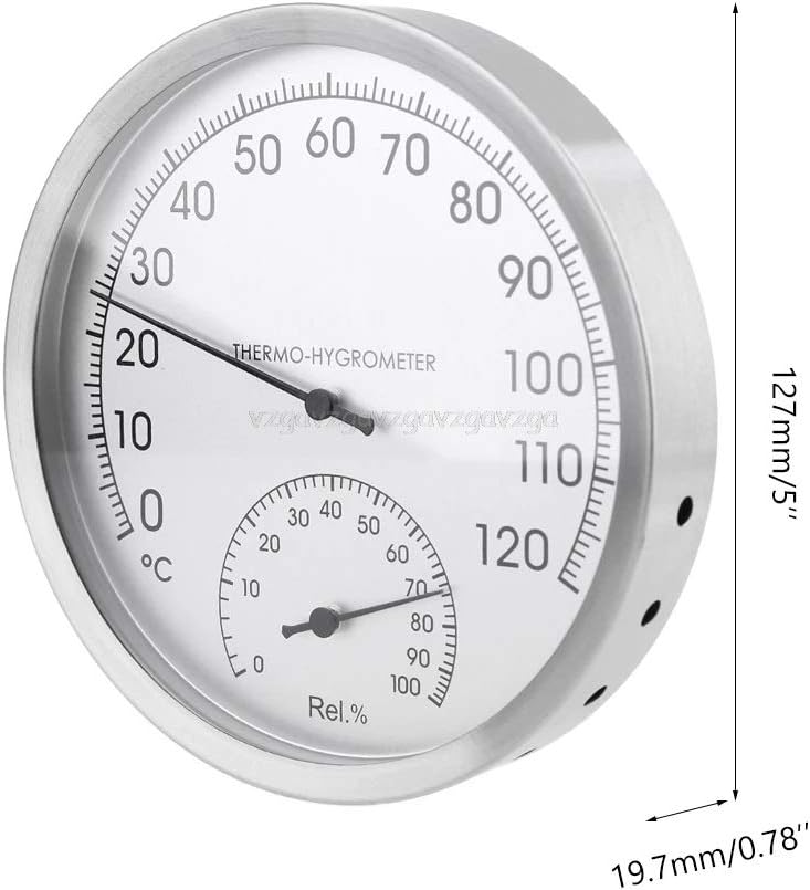 PNAWLLCF-65 127mm 5" Thermometer Hygrometer Wall Hung Stainless Steel Indoor Outdoor Sauna Room Temperature Humidity Tester Monitor