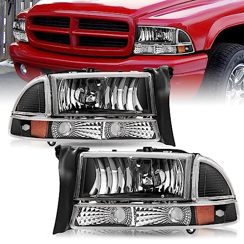 TUSDAR Headlight Assembly Set Fits for 1997-2004 Dakota / 1998-2003 Durango & Bumper Light 4 PCS Replacement OE Headlamp Black Housing with Amber Reflector