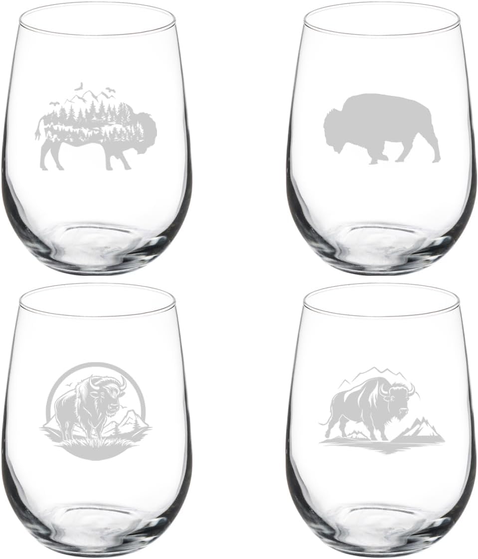 MIP Set of 4 Wine Glass Gift Buffalo Bison Collection (17 oz Stemless)