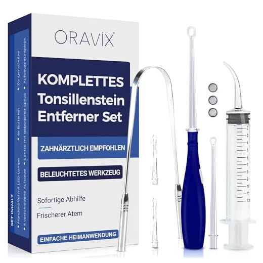 Tonsillensteinentferner-Set | Zur Entfernung und Verhinderung von Mandelsteinen | Gegen Mundgeruch | Lindert Halsschmerzen | Spritze, Tonsillenstein entferner mit LED-Licht und Zungenreiniger | ORAVIX