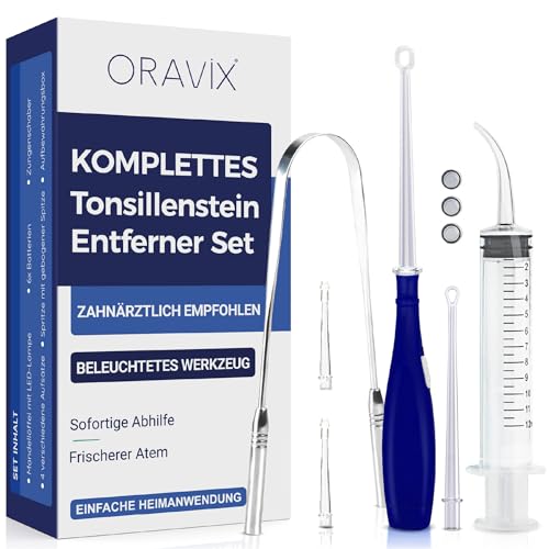 ORAVIX Tonsillenstein Entferner Set - Einfach Mandelsteine Entfernen und Mundgeruch stoppen - Mit LED-Licht Zungenreiniger und Spritze