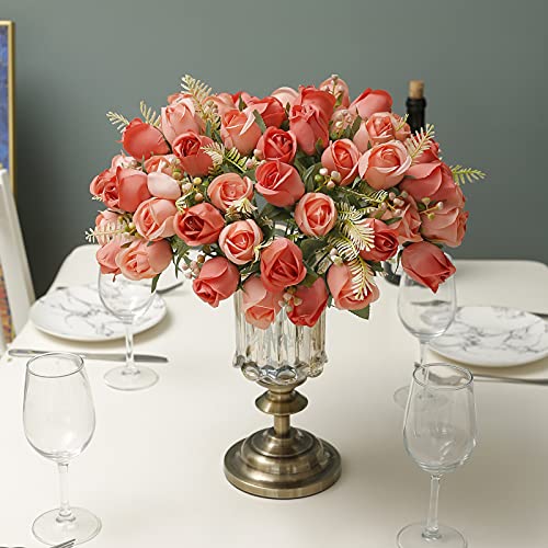 Fulehouzz Artificial Rose Flower 20 Heads 2 Bundles Bridal Bouquet Silk Rose Bulk For Wedding Home Valentine's Day Party Decor, Mixed Living Coral #TOP1