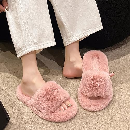 Women's Fluffy Solid Comfy Sandal Open Toe Walking Slip on Slipper Fleeve Soft Flat Slides Lounge Casual Flats2