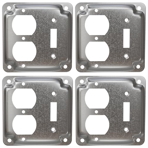 OHLECTRIC Crushed Corner Steel Box Cover with 1 Duplex Receptacle & Toggle Switch| 4” Square Electrical Box Cover, Fire Rated | Ideal for Wiring Connection Protection and Wiring Devices (4-Pack)