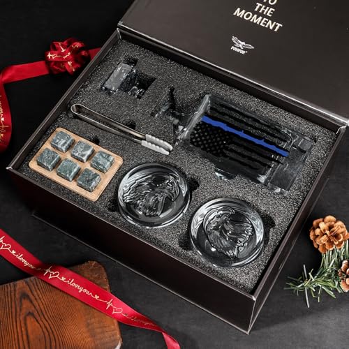 Image of PONPUR Police Officer Gifts for Men, Blue Line Tattered Flag Whiskey Decanter Set with Stones & Glasses, Cool Gifts for Policeman, Retirement & Law Enforcement, Police Academy Graduation Gift