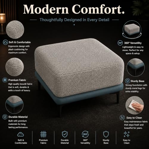 Image of Modern Upholstered Ottoman Stool | Solid Wood Base & Metal Legs | Premium Puffy Footrest Bench for Living Room, Bedroom & Lounge
