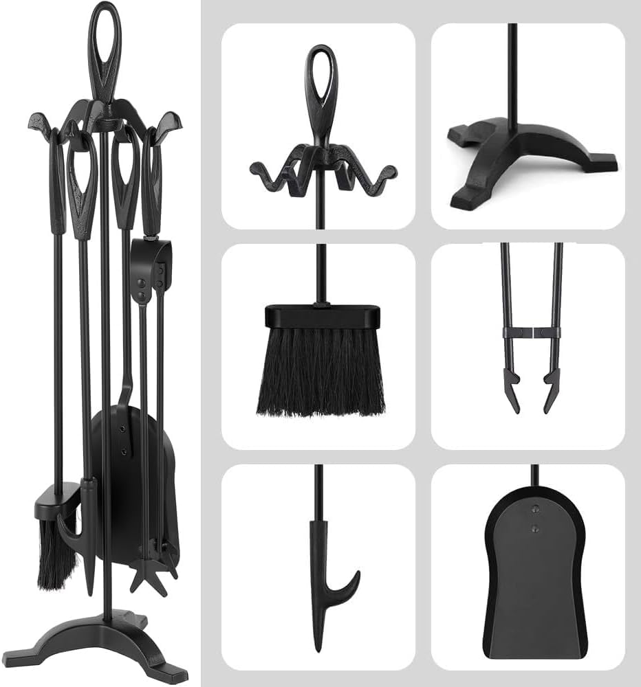 Amagabeli 5 pezzi 64 cm Set di strumenti per camino in ferro battuto nero e accessori per caminetto per interni Portalegna camino pinza da fuoco pala spazzola vecchio camino poker stufa a legna