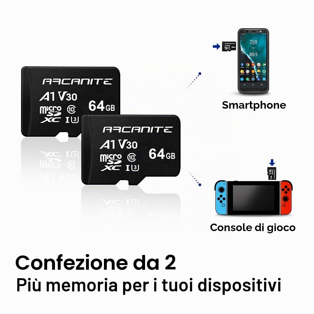 ARCANITE, set da 2 schede di memoria microSDXC 64 GB, UHS-I U3, A1, V30, 4K, C10, MicroSD, Velocità di lettura fino a 90 MB/s