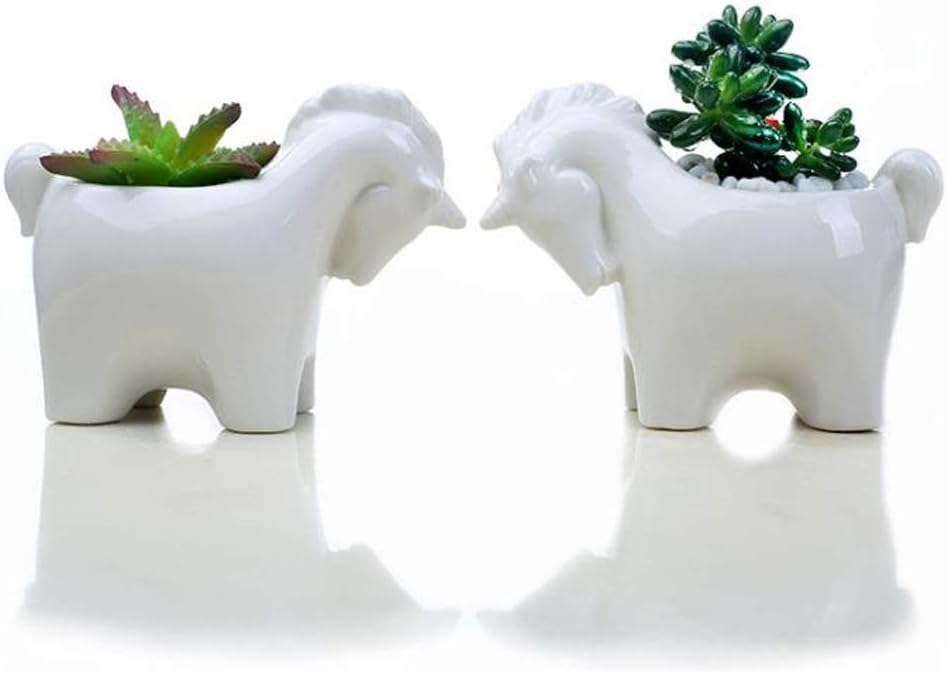 LaybooHorse Plant Window Boxes White Mini Ceramic Flower Pot Cute Animals Succulent Planter Flowerpot Pack of 2