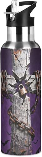 Gothic Cross Chain Lock Purple Lightweight Reusable Water Bottle Insulated with Straw Keeps Hot and Cold for HomeOfficeTravelSportsSchool 32 OZ