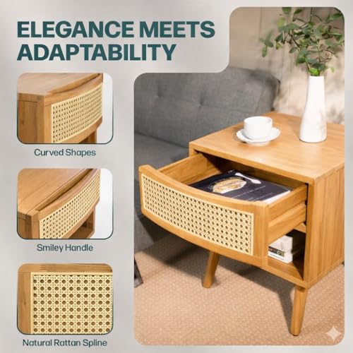 Image of Premium Solid Wood Cane Bedside Table with 1 Cane Drawer & Open Shelf | Handcrafted Rattan Nightstand for Bedroom Hotel Living Room (Natural Finish)