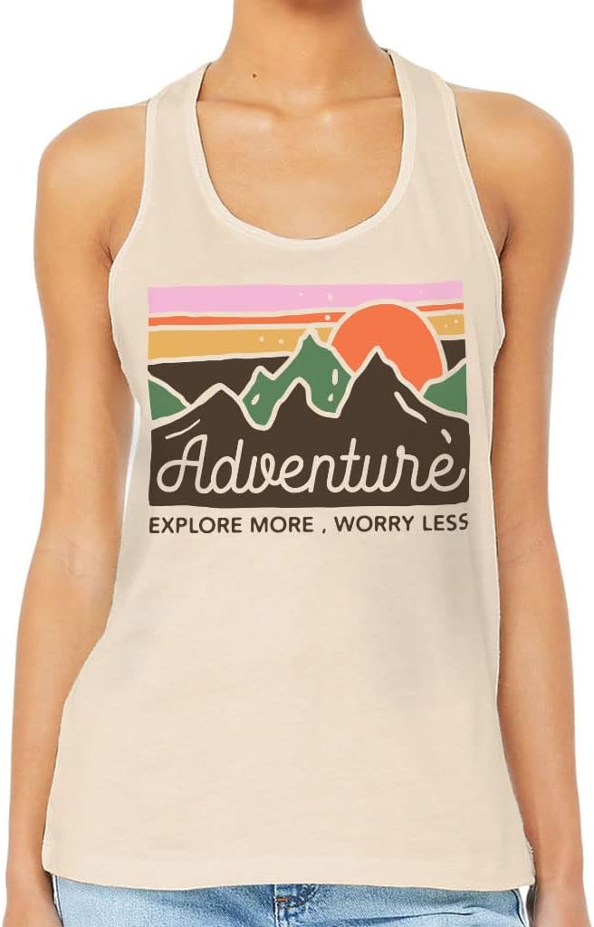 Explore More Worry Less Women's Racerback Tank - Adventure Tank Top - Mountain Workout Tank