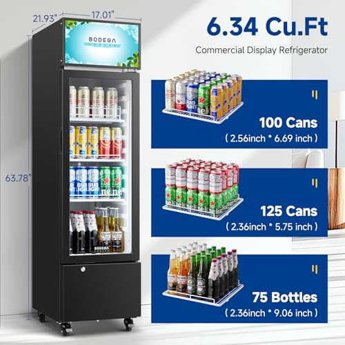 Image of BODEGA BODEGACOOLER Commercial Refrigerators, Drink Fridge with Glass Door, Tall Beverage Cooler, Single Door Display Refrigerator, for Beer, Soda, 6.34 Cu.ft Capacity