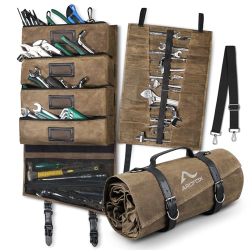 ARCFOX Vintage Oil Waxed Canvas Roll Up Tool Bag, 25 Pockets Car Tool Roll Bag Organizer with 5 Detachable Large Pouches +1 Wrench Pouch, Tab Window 15L Motorcycle Tools Organizer, Brown
