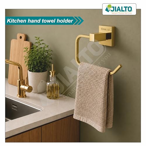 Image of JIALTO Premium Gold Finish Towel Ring - Wall Mounted, Rust-Free, Stainless Steel Towel Holder for Bathroom & Kitchen (Gold, Pack of 2)