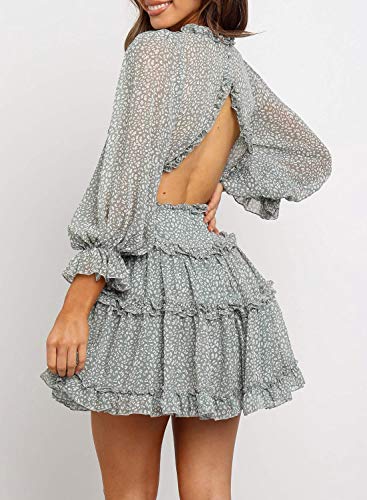 Happy Sailed Women Long Sleeve Ruffle Layer Backless Swing Mini Dresses Small Green