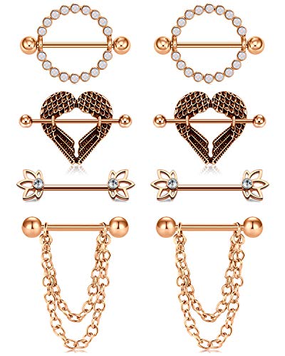 LAURITAMI 4 Paires Piercing Mamelon Annezu Acier Chirurgical 16mm 14G Mamelon Cerceaux Barbell Corps Bijoux Femmes Filles Gem Diamant Cœur Cover