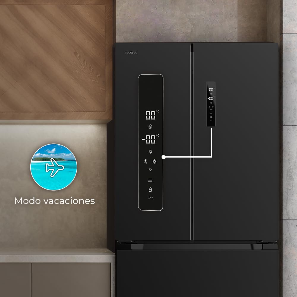 Cecotec Frigorífico puerta francesa Bolero CoolMarket FD 436 Dark E. Compresor Inverter Plus Frigorífico 4 Puertas Estilo Francés Dark 183X84Cm, 510L, No Frost, Clase Energética E, Metal Cooling