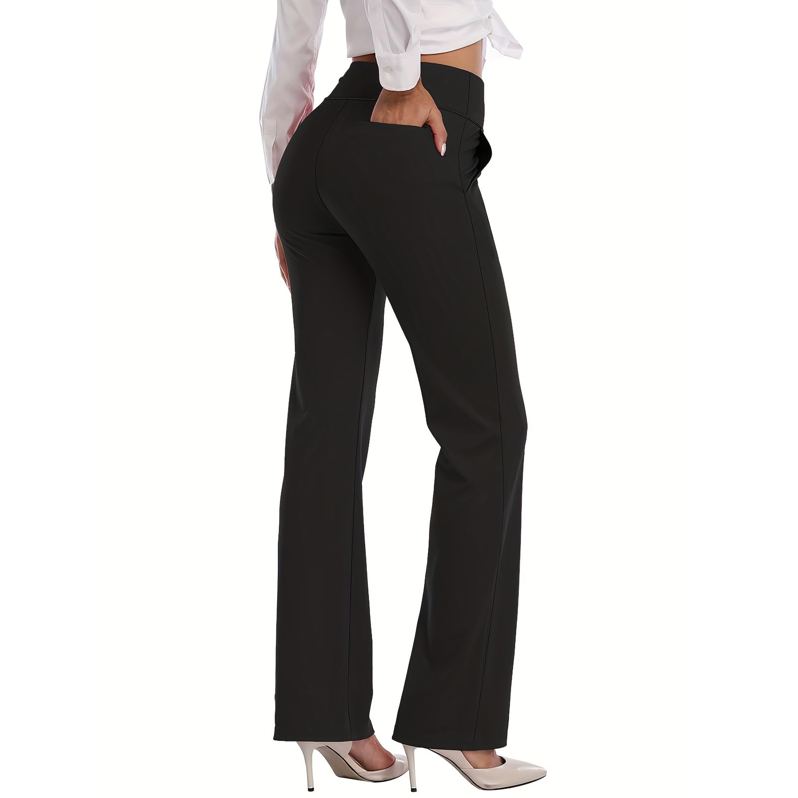 HISKYWINInner Pocket Yoga Pants 4 Way Stretch Tummy Control Workout Running Pants, Long Bootleg Flare Pants