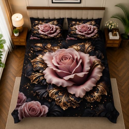 Image of 7D Digital Printed King Size Bedsheet | 240TC Premium Cotton Feel Microfiber with 2 Pillow Covers | Soft Breathable & Wrinkle Free Bedding Set | (BlackFloral, King Size-225x250CM)
