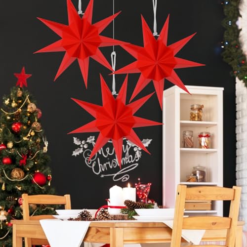 Image of SUNBEAUTY 3 Pcs 9-Pointed Red Paper Star Lanterns 12 Inch Christmas Hanging Lamp Red Paper Decorations Shade Wedding Birthday Christmas Home Party Decorations