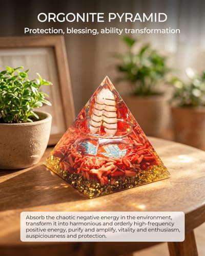 Image of Hand of Fatima - Orgone Pyramid with Healing Crystals - Energy Generator for Positive Vibe, Stress Relief & Chakra Reiki Meditation - Pyramid Decor - Spiritual Gift for Success, Wealth & Prosperity