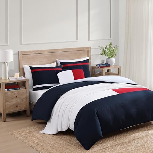 Tommy Hilfiger - Juego de edredón, Ropa de Cama de algodón Rico y lujosamente Suave con Fundas a Juego, diseño Texturizado de sirsaca (icónico Aniversario Azul Marino, matrimonial/Queen)