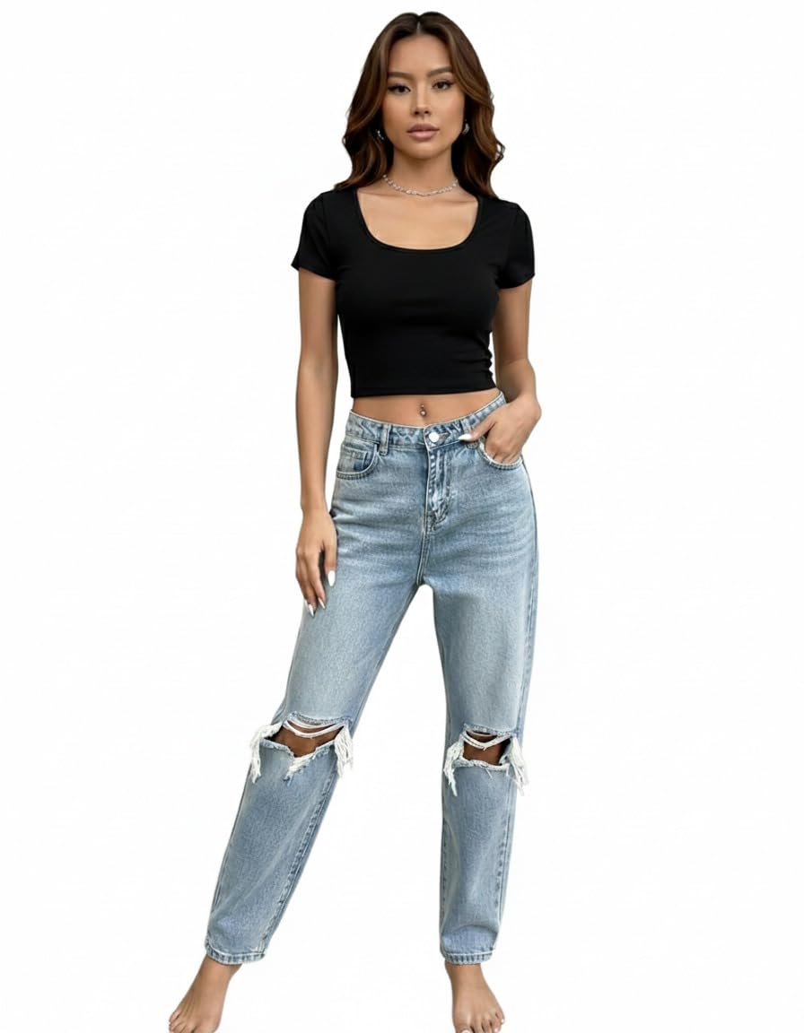 Thrifty Thread Solid Ribbed Slim Fit Baby Tee Crop Top Scoop Neck for Women's & Girls Available Sizes -S, M,L,XL