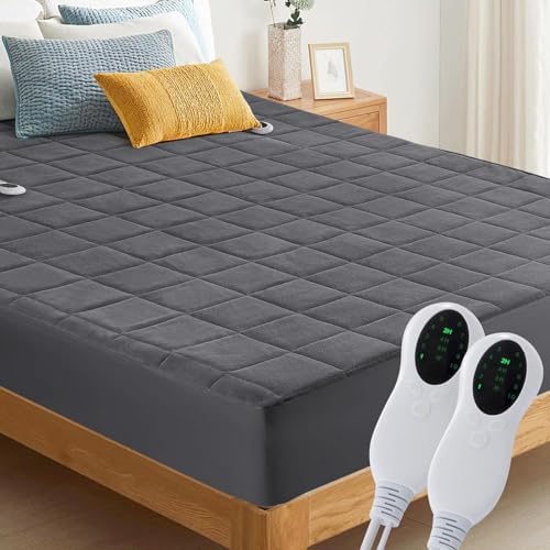 Electric Heated Mattress Pad Queen Size,Coral Fleece Heating Mattress Pad Luxury Bed Warmer 10 Heat Settings | Auto Off 2-4-8 Hours | Fit Up to 18" Deep Pocket | Machine Washable | Gray