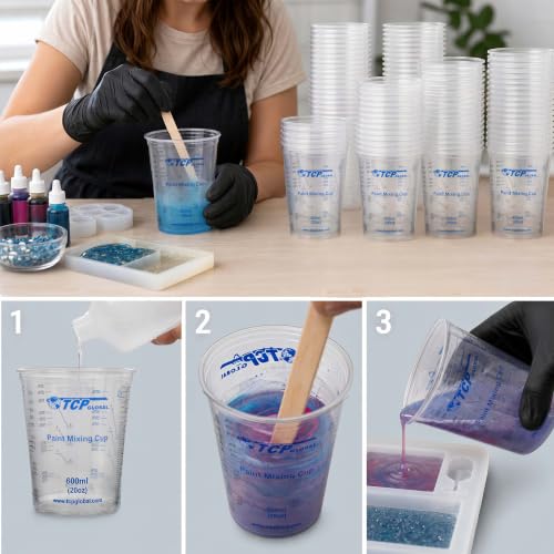 Image of TCP Global 20 oz. (600ml) Graduated Plastic Mixing Cups - Box of 25 - Disposable Plastic Measuring Cups for Liquids, Paints, Resin, Epoxy, Art, Kitchen - Ratios 2-1, 3-1, 4-1 ML