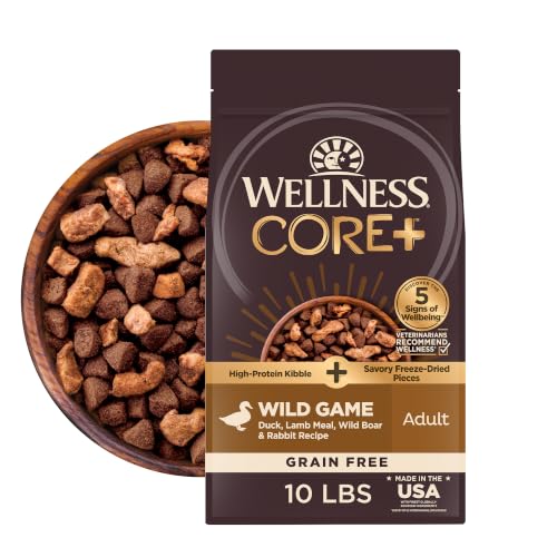 Image of Wellness CORE+ Adult Dry Dog Food with Freeze Dried Pieces, Grain Free Kibble+, Natural, High Protein, Wild Game Duck, Lamb, Boar, and Rabbit Recipe, 10 lb Bag