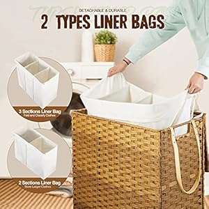 Greenstell Laundry Hamper with WheelsLid 140L Large 3 Sections Clothes Hamper with 2 Types Removable Liner Bags 5 Mesh Laundry Bags Handwoven Divided Laundry Basket for Clothes Natural