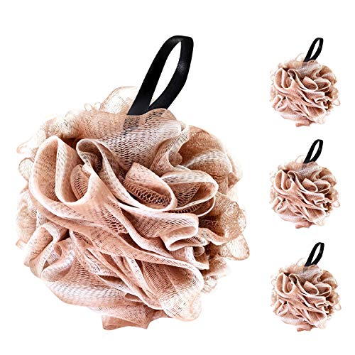Shower Bath Sponge Shower Loofahs Balls, Soft Body Scrub Sponge and Exfoliating Loufa Sponge for Silky and Smooth Skin (4Pack-60g/Pcs) (Tan)