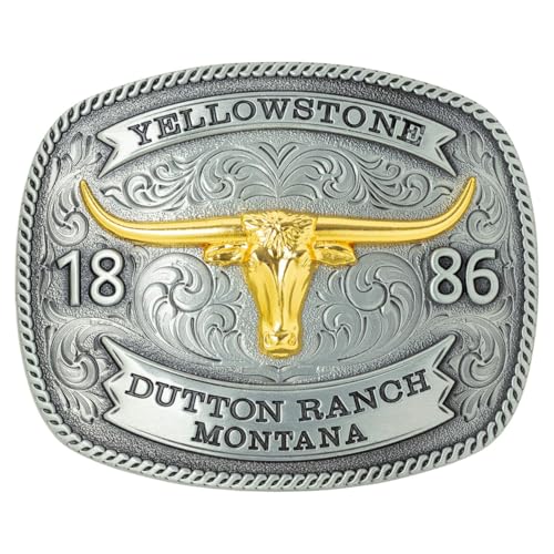 STARS & STRIPES Yellowstone Gürtelschnalle GS-612 Longhorn-Motiv mit Goldapplikation Western-Style