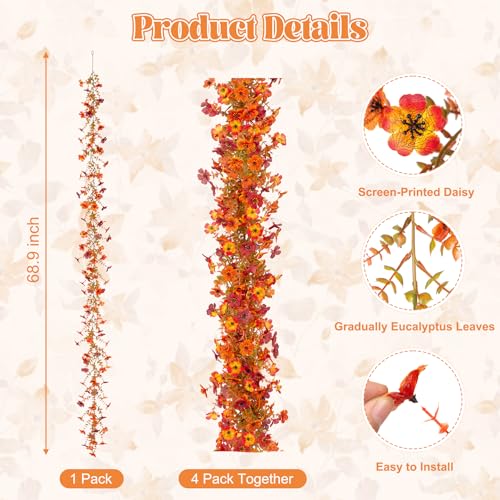 Ammyoo Fall Mums Flowers Artificial Garland for Decoration, 4 Pack 5.9 FT Faux Mums with Eucalyptus Leaves Ivy, UV Resistant Fake Fall Daisy Floral Vine Flowers for Home Garden Wedding Backdrop Decor by Ammyoo - Image 3