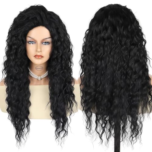 Image of GNIMEGIL 26 Inch Long Black Curly Wigs for Women Water Wave Synthetic Hairpiece Voluminous Deep Wavy Dark Black Wig for Cosplay Halloween Costume and Daily Drag Queen Carnival Hairstyles