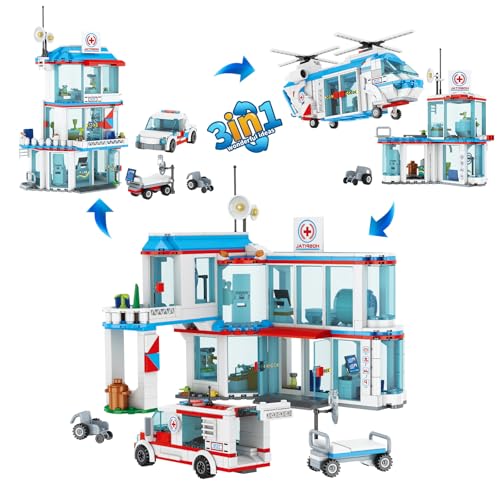 QLT QIAOLETONG City Krankenhaus 3 in 1 Baustein Set Kompatibel Mit Lego Krankenhaus inklusive Rettungs Hubschrauber Anhänger und Trage Geschenke für Erwachsener 14+
