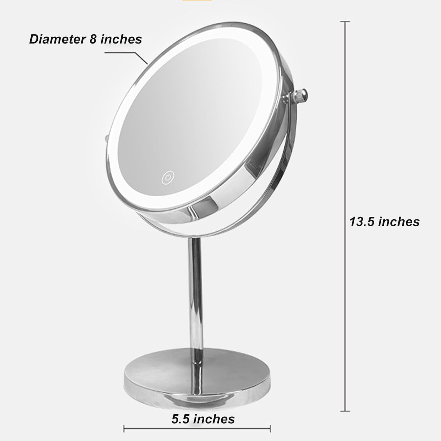 Ściemnialne Lustro Powiększające Z Ekranem Dotykowym W 3 Kolorach, Akumulatorowe Podświetlane Dwustronne Lustro Do Golenia Stojak Na Lusterko Led Vanity, Chrome, 10X