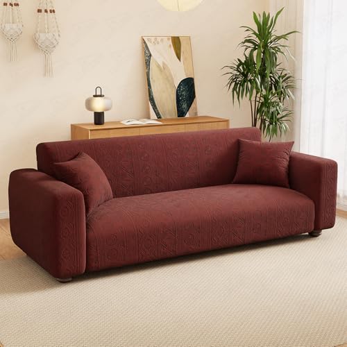 Image of Lukzer 4 Seater Pastel Deep Maroon Tribal Pattern Sofa Cover | 240 GSM Universal Stretch Fit Jacquard Fabric Couch Protector | Fully Covered Anti Slip & Washable Sofa Cover (230-300cm /SC-135-04)