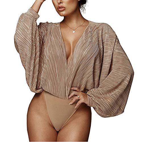 Weigou Women Jumpsuits Long Sleeve V Neck Pleated Loose Bodysuits Tops Leotard Shirts Women (Kahki, M)
