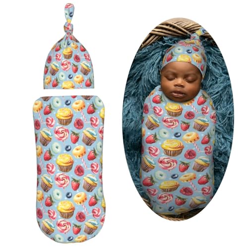 Image of Painting Lollipop and Muffins Newborn Swaddle Blankets Hat Sets Soft Baby Receiving Blanket Swaddle Sack for Baby Shower Infant Boy Girl Gift