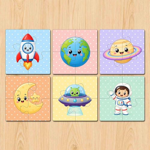Image of Wooden Jigsaw Puzzle Set of 6 for Kids Age 2-6 Years | Pack of 6 Puzzles with 4 Pieces Each | Toddler Learning Educational Toy | Mixed Themes Puzzle for Boys & Girls (Space)
