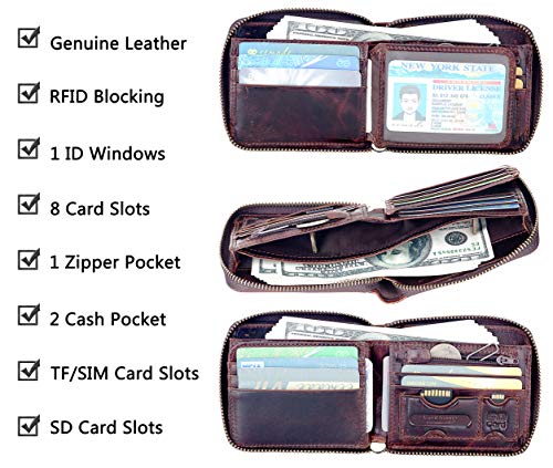 EE Men's Leather Zipper Wallet RFID Blocking Zip Around Wallet Bifold Multi Card Holder Purse dark brown3