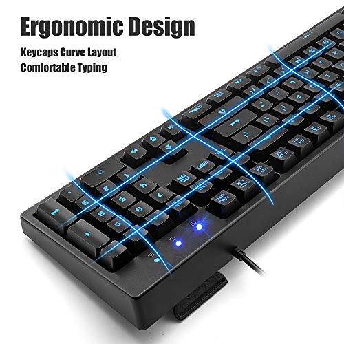Basaltech Mechanical Feeling Keyboard With Led Backlit, 104-Key Quiet Membrane Keyboard For Gaming Or Office, Ergonomic Silent Water-Resistant Light Up Wired Usb For Computer,Mac,Laptop #TOP1