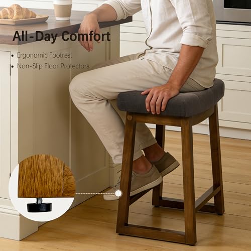 Image of Bar Stools Set of 4, Backless Counter Height Bar Stools, 24 Inch Modern Saddle Bar Stools with Walnut Legs & Upholstered Fabric Seat, Wooden Counter Stools for Kitchen Island, Home Bar, Brown