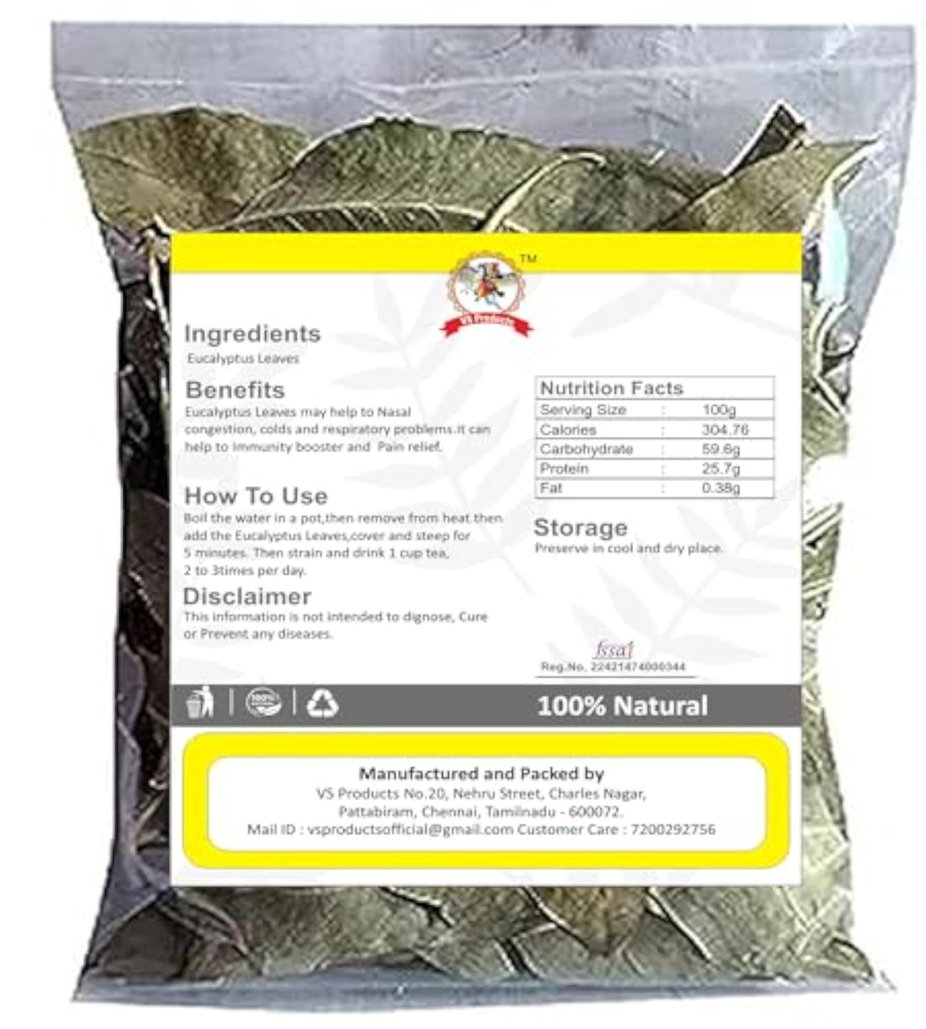 Eucalyptus Leaves for Hair Care, 100g Pack
