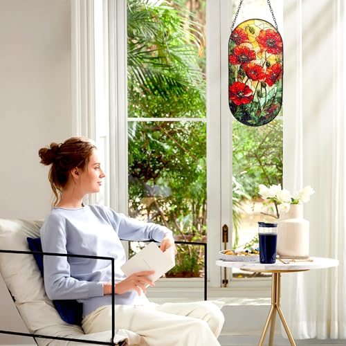 Lidengle Stained Glass Red-Poppy-Flowers Suncatcher Window Hanging, 10.2"x5.1" Oval Handcrafted Glass Panel, Sun Catcher Indoor Outdoor Decor Gifts for Mom Grandma Flower Lovers by Lidengle - Image 4