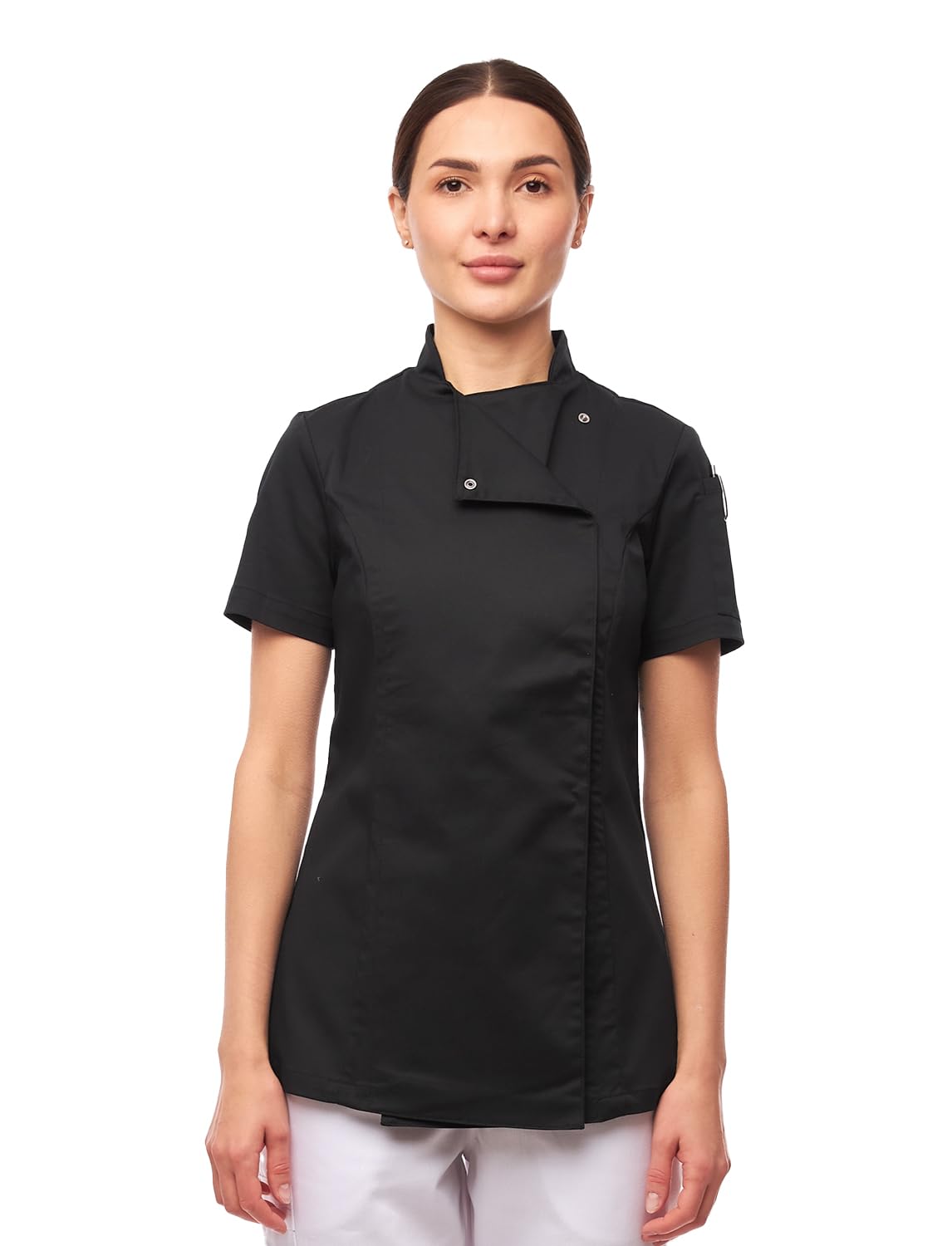 strongAnt Giacca da Cucina Donna Slim Fit Soft Cotone con Bottoni a Pressione Giacca da Pasticcere Manica Corta – Nero, 2XL
