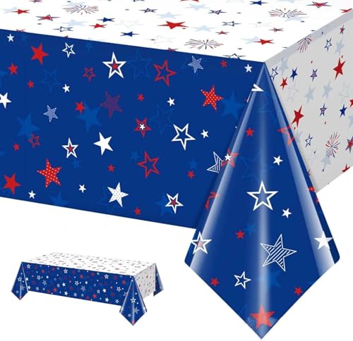 SOPSTUO 4th July Party Decorations Table Cloth, Disposable Stars and Fireworks Table Cover for Patriotic Themed Memorial Day Independence Day Decorations 54 x 108 Inch (Style A)